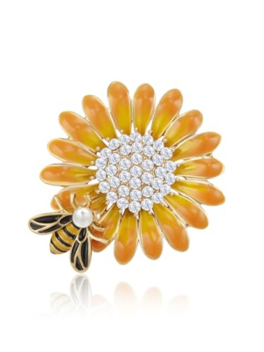 Sunflower Honeybee Bee Brooch Pin with Bright Austrian Cubic Zirconia Crystal